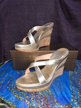 Casadei, Vintage Metallic Pale Gold Platform Wedges